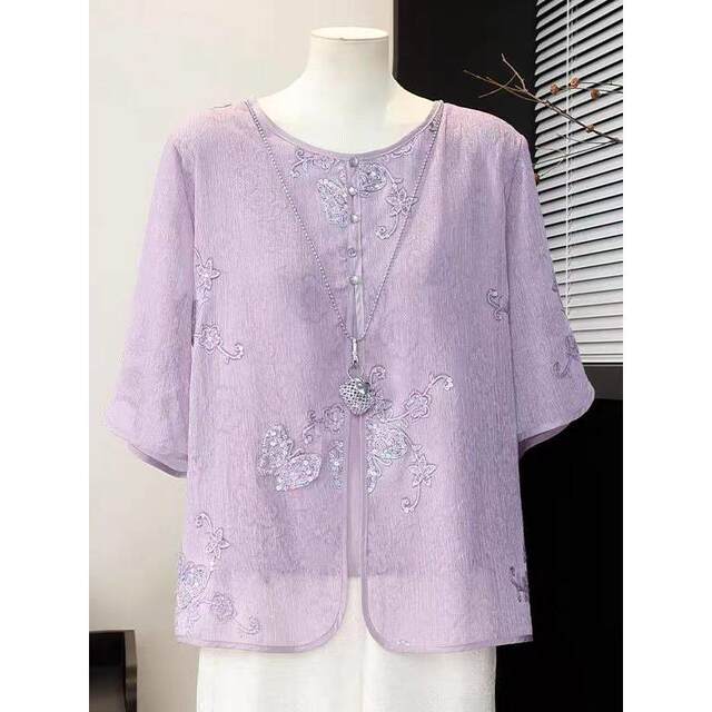 ຊຸດ chiffon ຮ້ອນຂອງແມ່ແບບຈີນໃຫມ່ embroidery ແບບຈີນອາຍຸກາງແລະຜູ້ສູງອາຍຸຂອງປອມສອງສິ້ນ tops ແບບຕາເວັນຕົກຊຸດສອງສິ້ນ