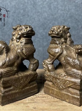 天然青石雕刻复古石雕雌雄狮子看门镇宅案头摆件石狮子新中式装饰