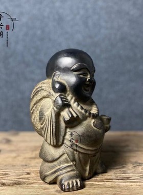 天然青石雕刻布袋弥勒佛禅意仿古案台摆件手工佛人物中式复古装饰