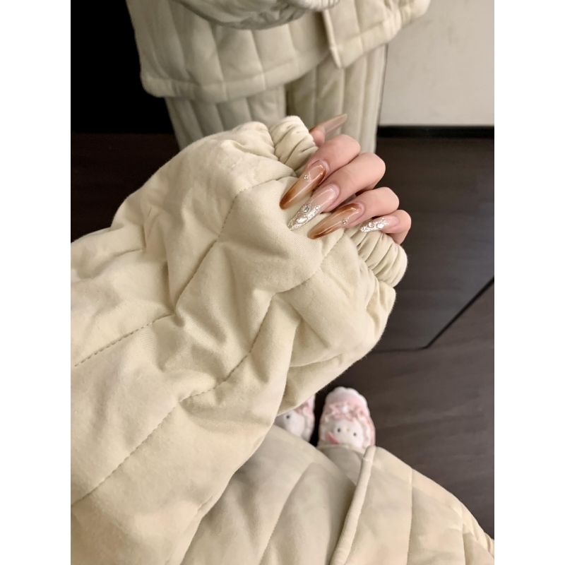 大码简约连帽夹棉睡衣冬季女款2025新款加绒加厚可外穿家居服套装 - 图2