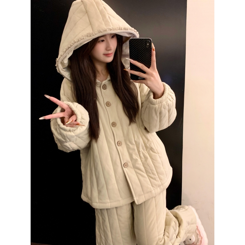 大码简约连帽夹棉睡衣冬季女款2025新款加绒加厚可外穿家居服套装 - 图0