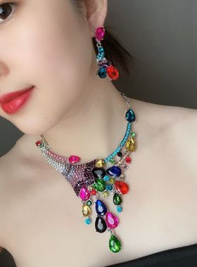 欧美奢华彩色宝石水晶女锁骨项链