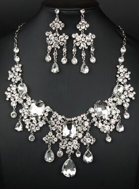 高端复古蓝水晶流苏项链耳环套装