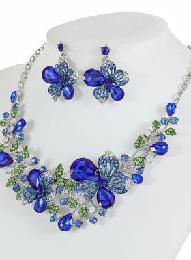 欧美配饰夸张复古项链套装女奢华水晶宴会礼服配饰锁骨链蓝色花朵