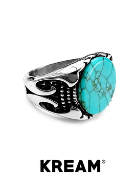 KREAM 钛钢复古做旧人造绿松圆形戒指男士方形指环欧美潮流个性