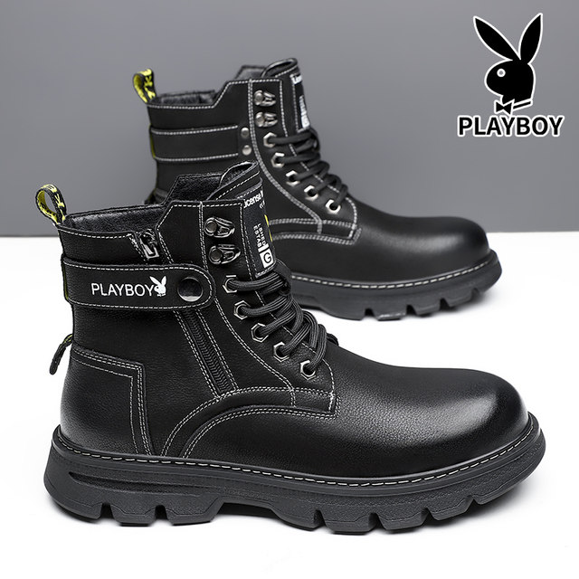 Playboy Martin Boots male 2023 winter plus velvet leather high -top worker boots high -level sense internal high -level leather shoes tide