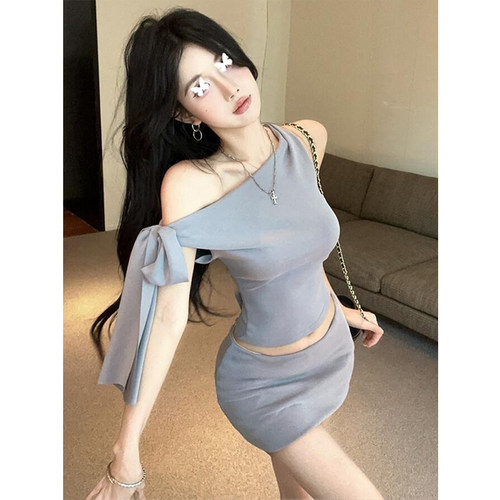 TYST法式不规则绑带斜肩T恤上衣夏季辣妹套装高腰包臀短裙两件套 - 图3