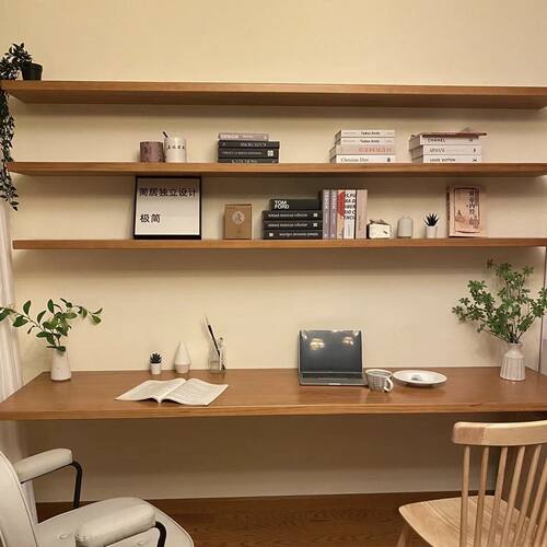 北欧纯实木壁挂一字板书架书桌客厅悬空桌墙上隔板置物架长条书桌 - 图0