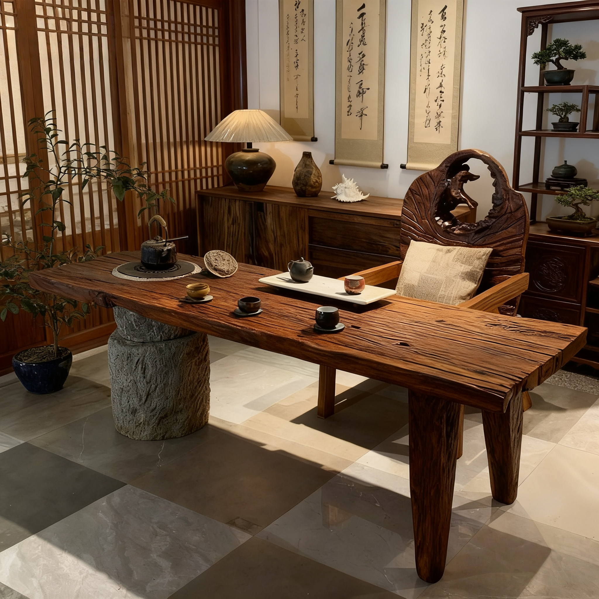 侘寂风原木大板茶桌茶台风化老木民宿餐桌设计师石头茶室泡茶桌,淘宝优惠券,粉丝福利购,淘宝优惠卷