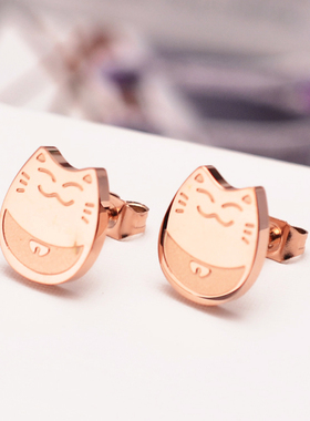 日韩版时尚个性钛钢镀18K玫瑰金招财猫戒指女款食指环戒子潮