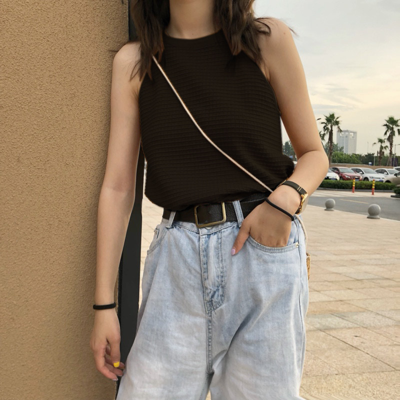 tnv黑打底宽松短款露肩挂脖针织衫 tnv背心吊带
