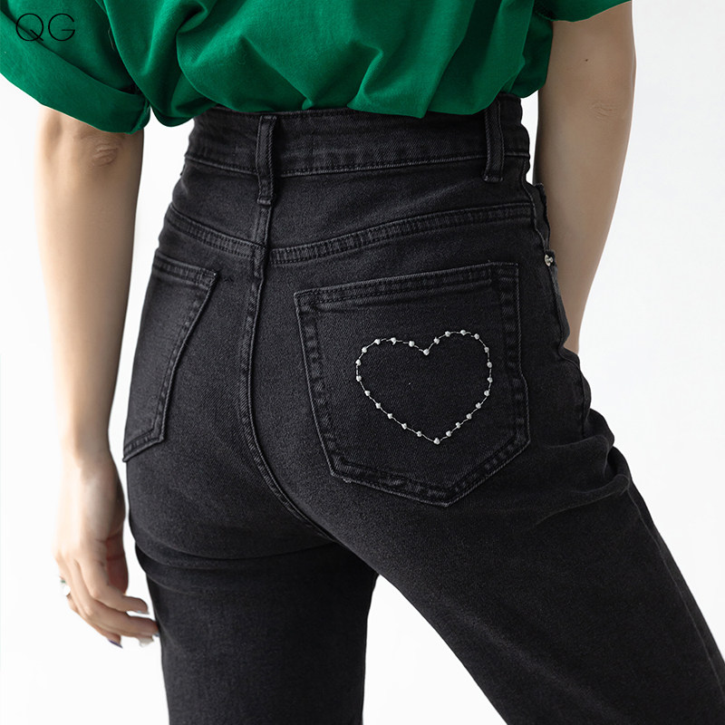 黑色开叉牛仔裤女春秋高腰长裤 千阁牛仔裤