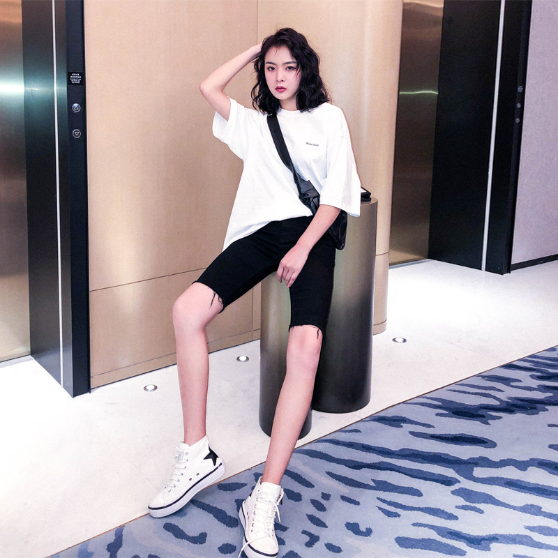 黑色牛仔女高腰运动骑行五分裤短裤 千阁牛仔裤