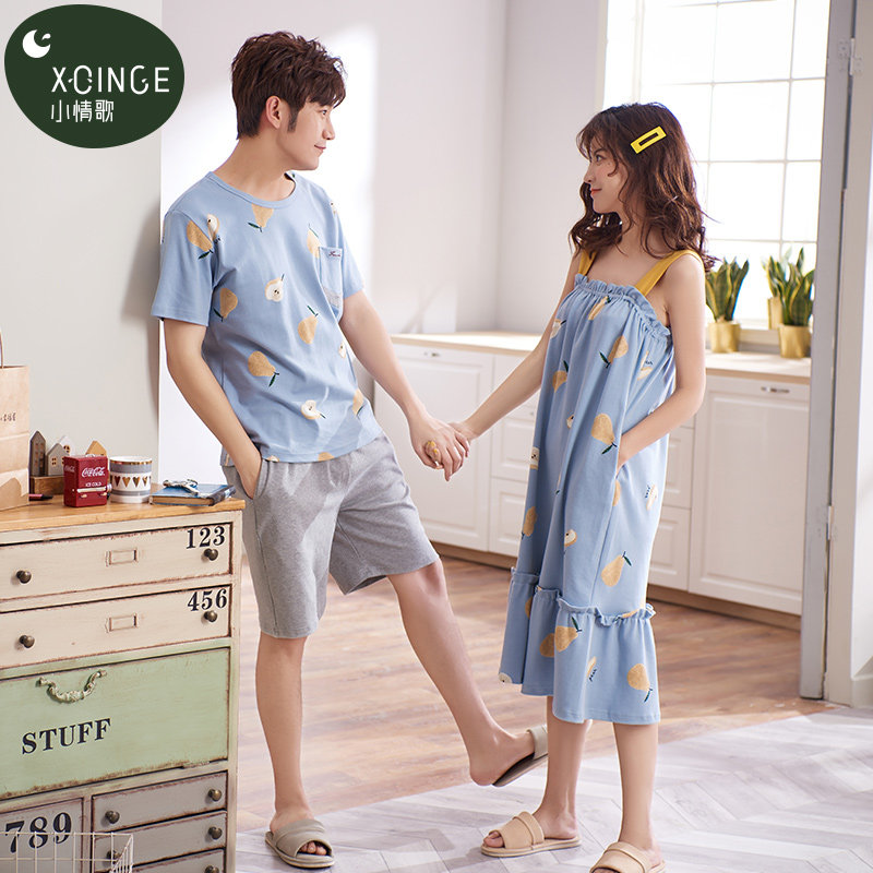两套价夏季短袖纯棉情侣男士睡裙 小情歌睡衣/家居服套装