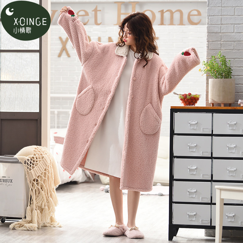 加厚加绒秋冬款中长款珊瑚绒睡衣 小情歌睡袍/浴袍
