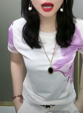 时尚圆领印染网纱T恤女