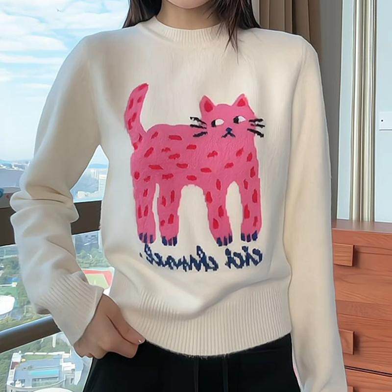秋冬新款提花长腿猫卡通图案长袖毛衣女套头百搭针织衫上衣,淘宝优惠券,粉丝福利购,淘宝优惠卷