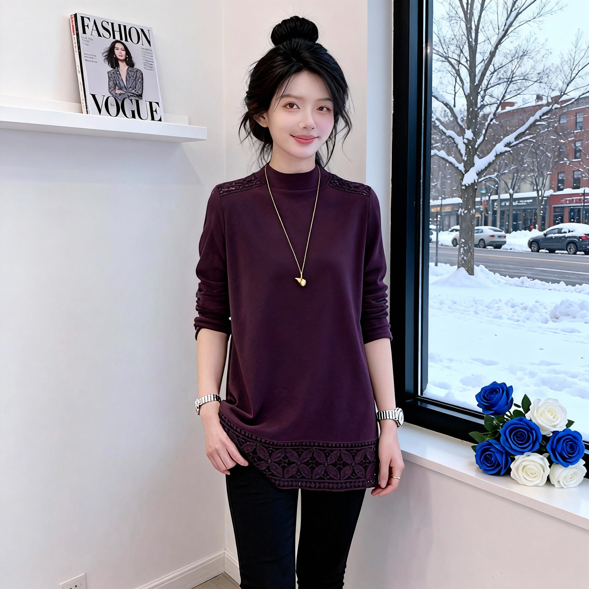 酒红色蕾丝花边中长款打底衫女秋冬新款内搭双面绒宽松长袖上衣,淘宝优惠券,粉丝福利购,淘宝优惠卷