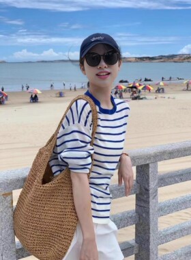 条纹长袖T恤女宽松防晒衫