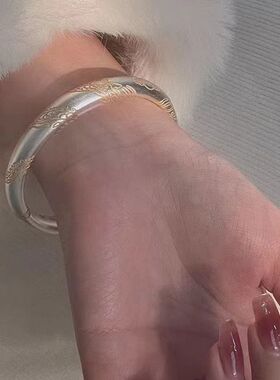 古法描金双龙纯 银色手镯女9 9 9闭口国风手环足  银色送妈妈礼物