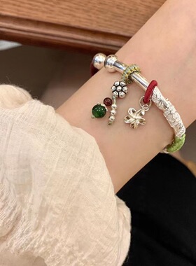 足yin九九九繁花似锦纯yin手镯实心镯子送女友情人节礼物生日实心