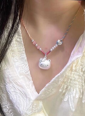 足银999纯银hellokitty猫头吊坠凯蒂KT银项链编绳送女友生日礼物