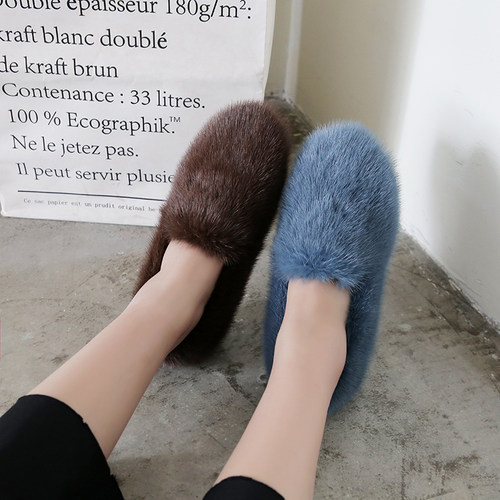 棉瓢鞋女2025新款冬季皮草加绒水貂毛女鞋网红外穿真皮厚底毛毛鞋 - 图0