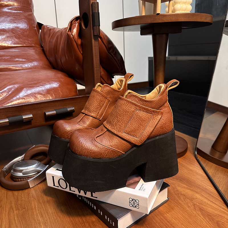 真皮10cm高跟厚底鞋女2025新款复古圆头小个子增高乐福鞋休闲单鞋,淘宝优惠券,粉丝福利购,淘宝优惠卷