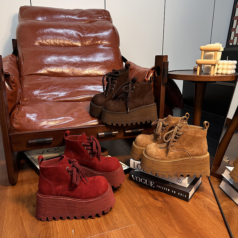 磨砂真皮复古大头系带松糕厚底马丁靴女2025新款小个子增高短靴子,淘宝优惠券,粉丝福利购,淘宝优惠卷