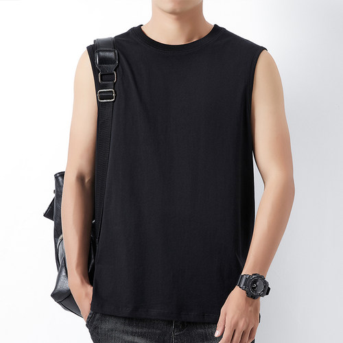 美式无袖t恤男夏季薄款宽松坎肩男装运动健身篮球砍袖背心男上衣 - 图1