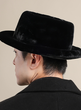 冬韩版礼帽英伦风平顶礼帽绅士爵士帽宽平檐仿貂毛羊剪绒男女帽子
