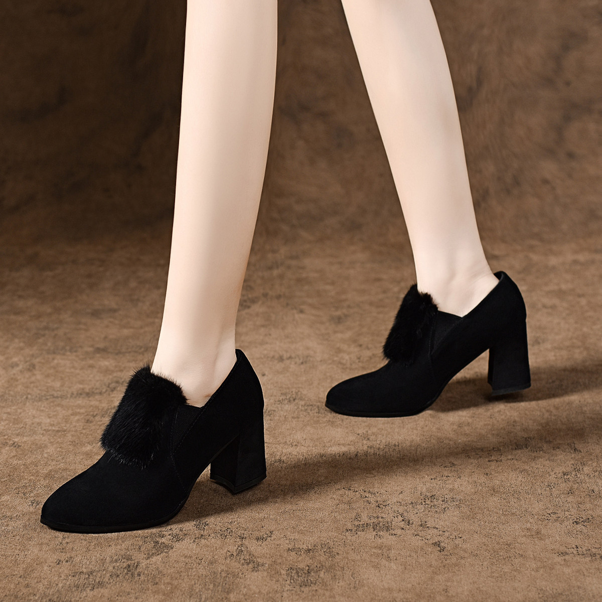 2025新款冬季气质女鞋水貂毛高跟鞋绒面粗跟深口单鞋女加绒真皮鞋,淘宝优惠券,粉丝福利购,淘宝优惠卷