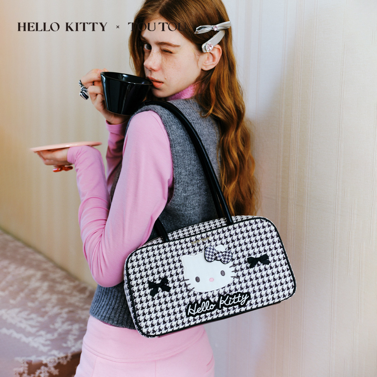 Hellokitty千金系列TOUTOU凯蒂猫哈喽kt千鸟格腋下保龄球波士顿包,淘宝优惠券,粉丝福利购,淘宝优惠卷