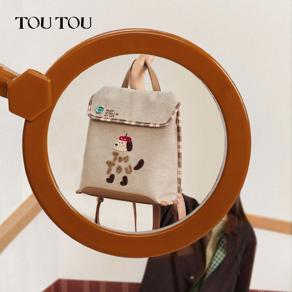 TOUTOU樱桃小狗帆布双肩包大容量通勤轻便出行背包可爱书包送女生,淘宝优惠券,粉丝福利购,淘宝优惠卷