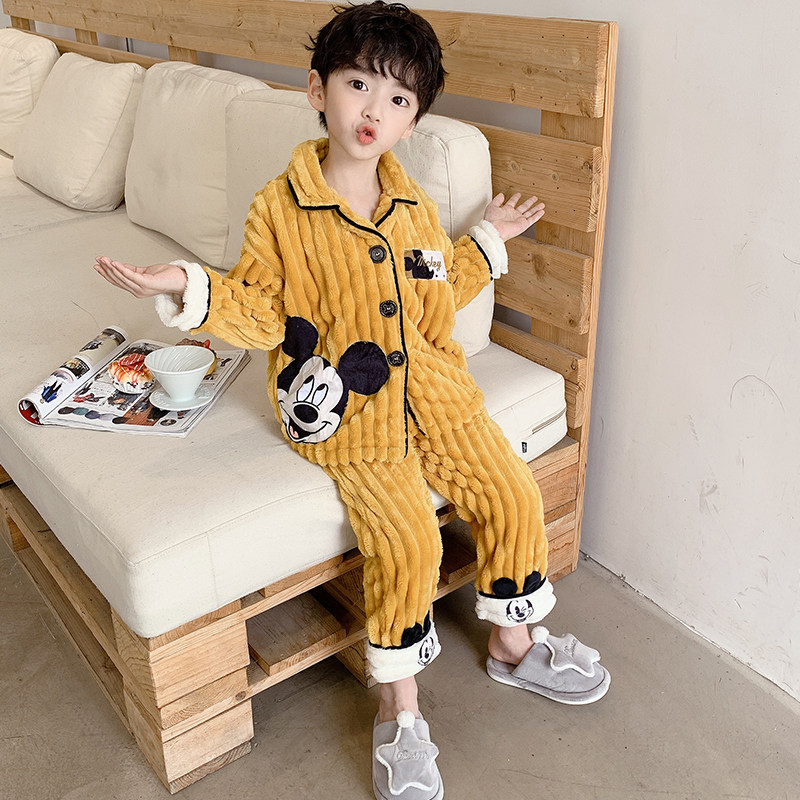 秋冬季珊瑚绒大童小男孩加绒睡衣 棉蜜儿家居服套装