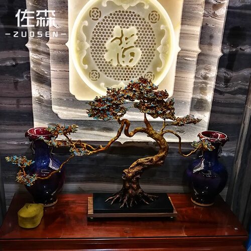 佐森招财迎客松新中式玄关客厅装饰铜摆件办公室桌面送礼乔迁开业 - 图2