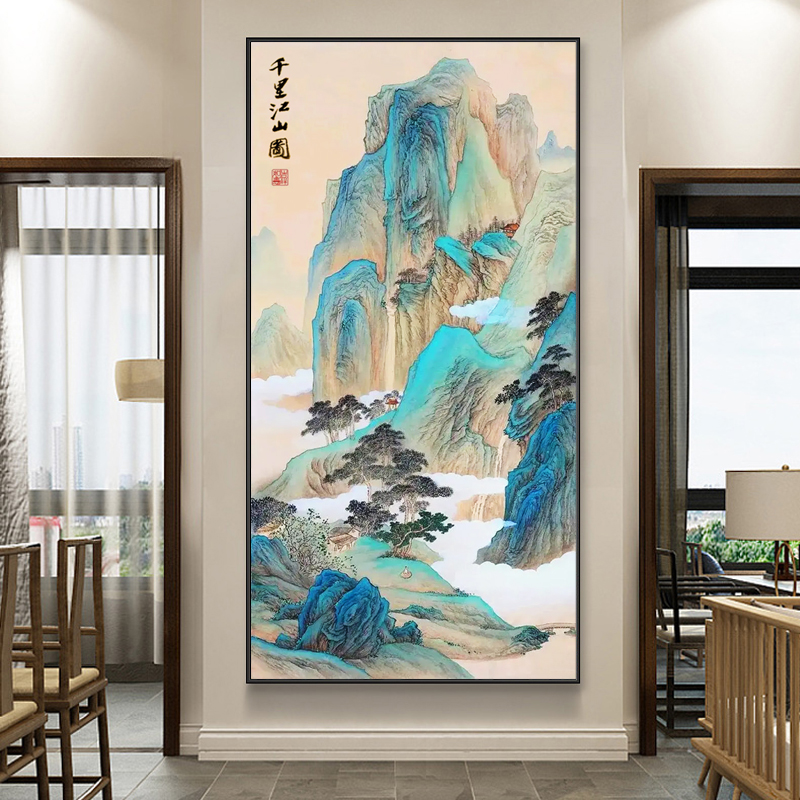 十字绣千里江山图竖版玄关风景大画新款客厅简约现代满绣刺绣挂画-图0