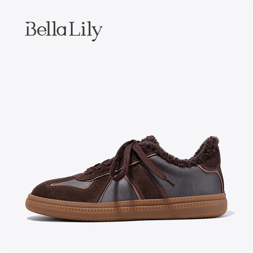 BellaLily新款羊毛保暖加棉女鞋舒适轻便板鞋复古德训鞋 - 图1
