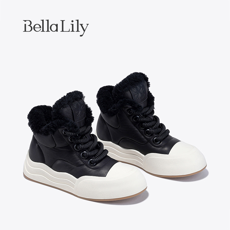 BellaLily春季新款羊毛高帮加绒女鞋牛皮厚底板鞋增高休闲鞋