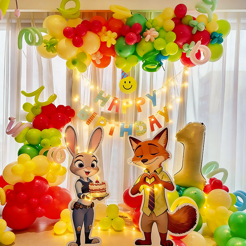 儿童疯狂动物城生日派对氛围装饰气球背景墙朱迪尼克KT板场景布置,淘宝优惠券,粉丝福利购,淘宝优惠卷
