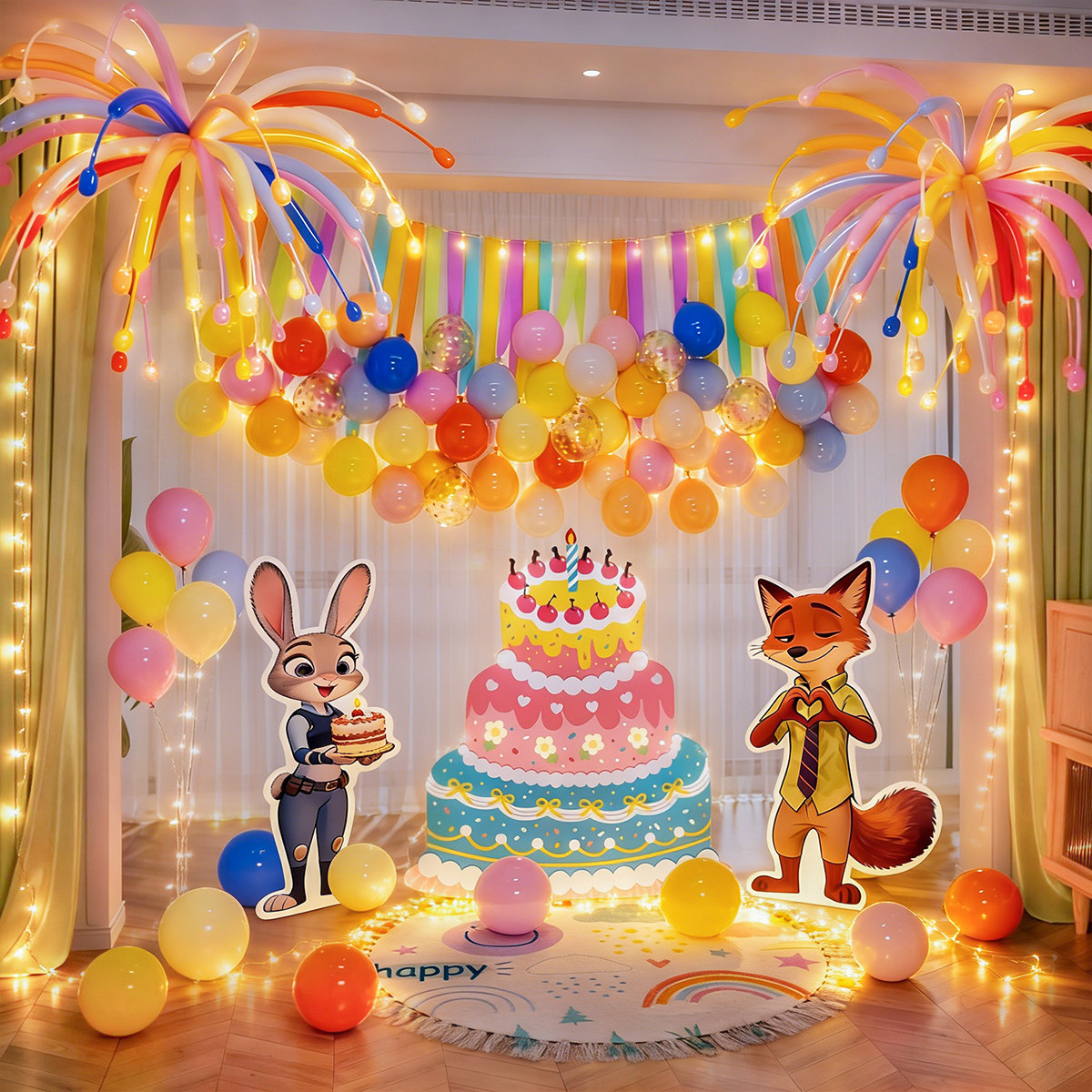 儿童疯狂动物城5岁生日装饰KT板气球派对朱迪尼克家庭布置背景墙,淘宝优惠券,粉丝福利购,淘宝优惠卷