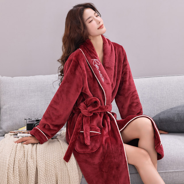 Coral velvet pajamas Winter female velvet thick flanged bathrobe female long home clothing pajamas spring and autumn yukata