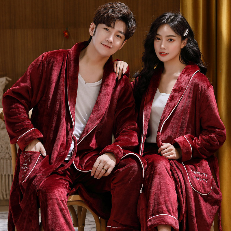 秋冬季珊瑚绒加绒加长男士情侣睡袍 美依婖内衣睡袍/浴袍
