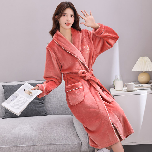 Coral velvet pajamas Winter female velvet thick flanged bathrobe female long home clothing pajamas spring and autumn yukata