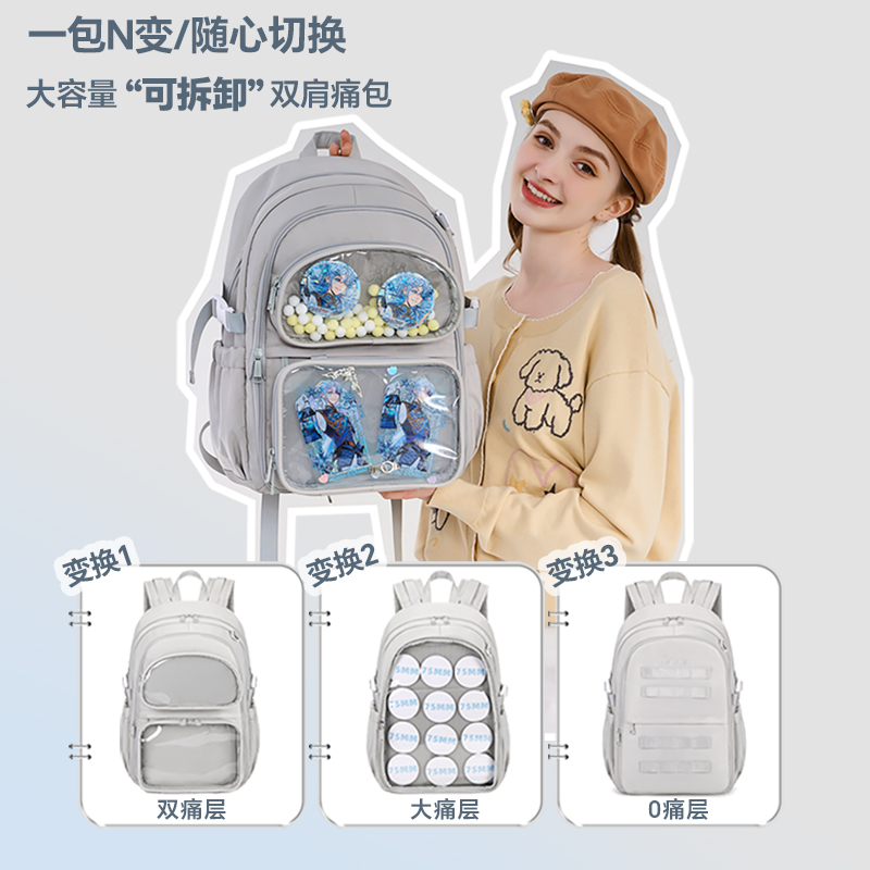 AORDA 可爱透明痛包书包初中女生双肩包高中生大容量减负护脊背包 - 图0