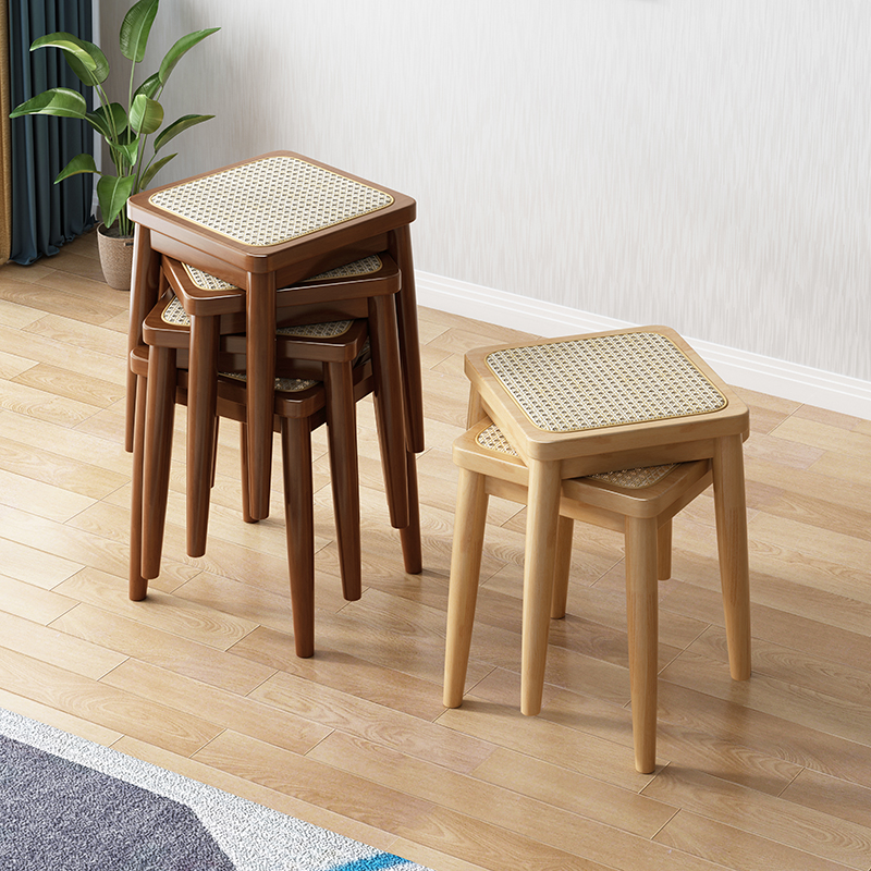 实木方藤凳子家用餐桌凳小圆凳可叠放高脚凳透气藤编四方凳板凳 - 图1