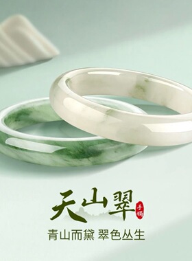 精挑AAA一档高货新疆天山翠手镯冰种女款天然金丝玉雪翠扁条飘花
