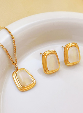 marka欧美夸张多彩猫眼石吊坠设计时尚女钛钢饰品套装耳钉项链ins