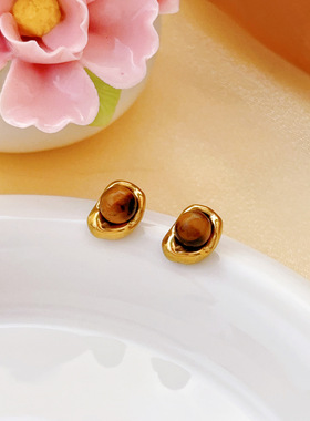 美拉德风小金豆镶嵌虎眼石吊坠饰品简约小众个性钛钢镀金首饰套装