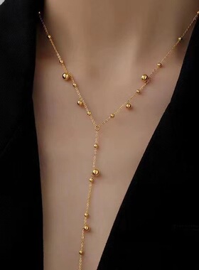 美辰INS新款18K镀金长流苏珠链项链礼物不锈钢圆珠流苏吊饰项链女